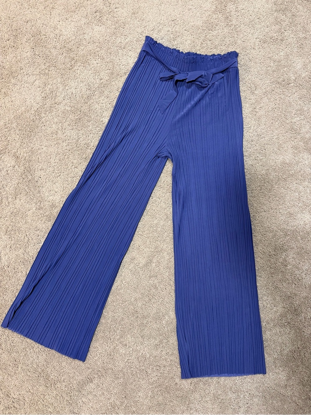 Women’s Blue Pleated Wide-Leg Pants with Tie